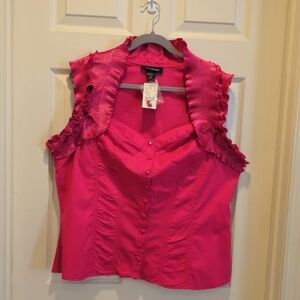 V-neckline Fuchsia Casual Cocktail Party Business Casual Ruffled Blouse, Size 18